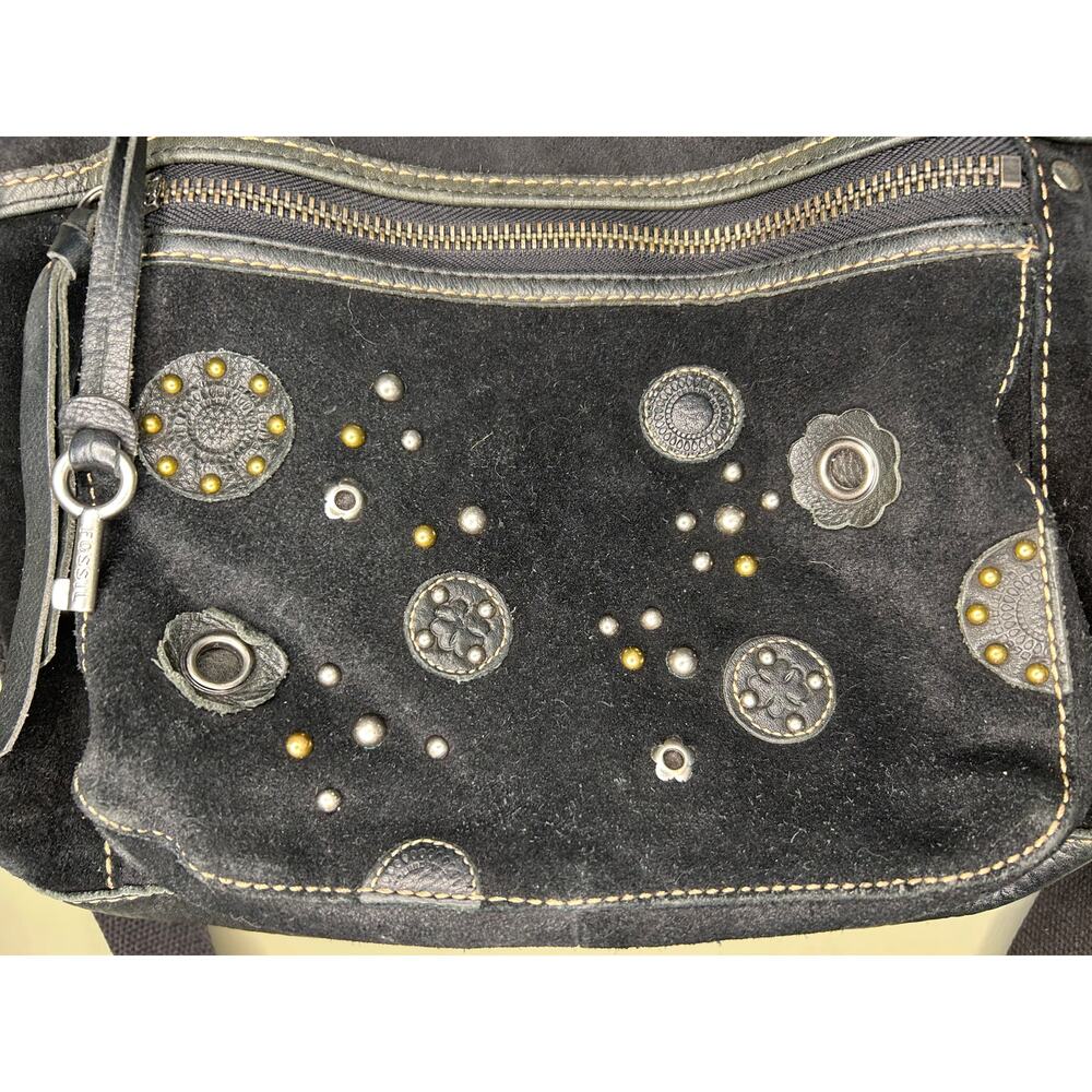Fossil Black Suede Leather Boho Handbag Purse Studded Embossed - Picture 3 of 15
